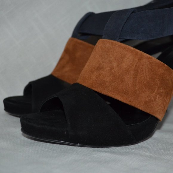 Sz 37 6.5 Pierre Hardy Navy Brown Suede Buckle Strap 4" Heels - Picture 2 of 9